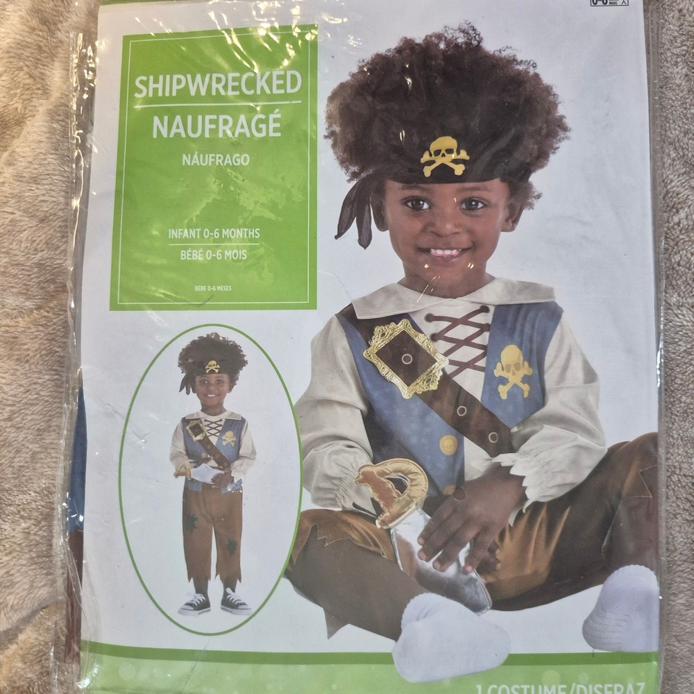 Shipwrecked Pirate Costume Infant 0-6 Months Jumpsuit Headscarf Sword 3pc Set